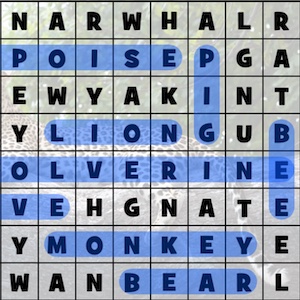 sopa letras animais ingles